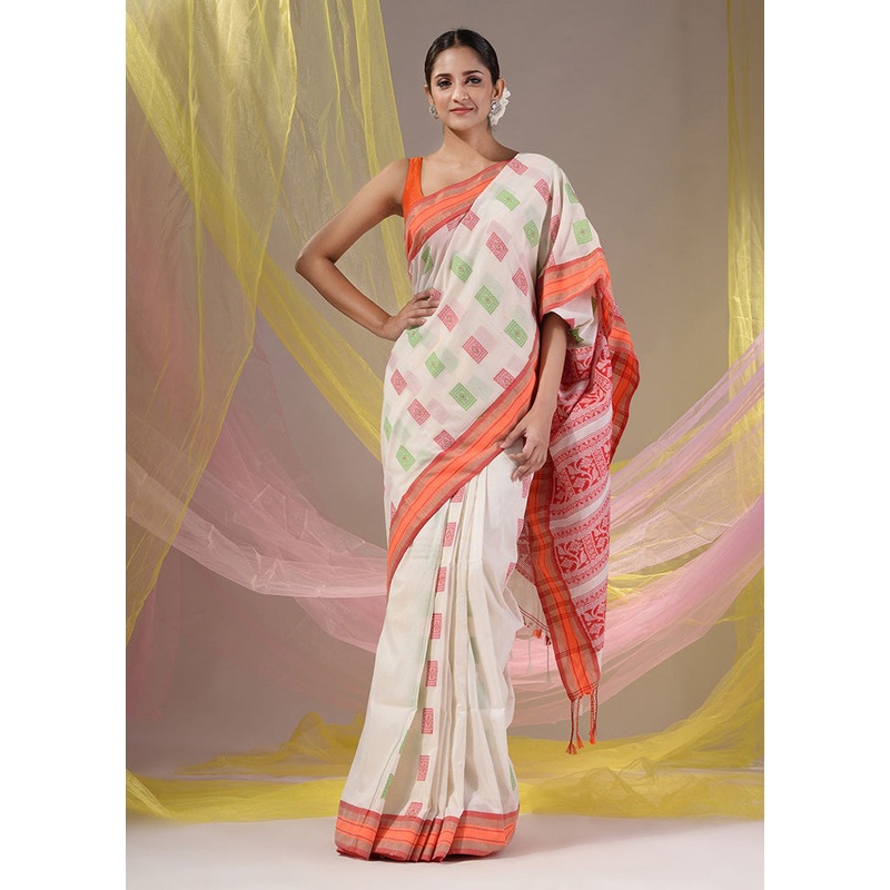 Off White Spun Silk Saree With Blouse Piece - JD986586701