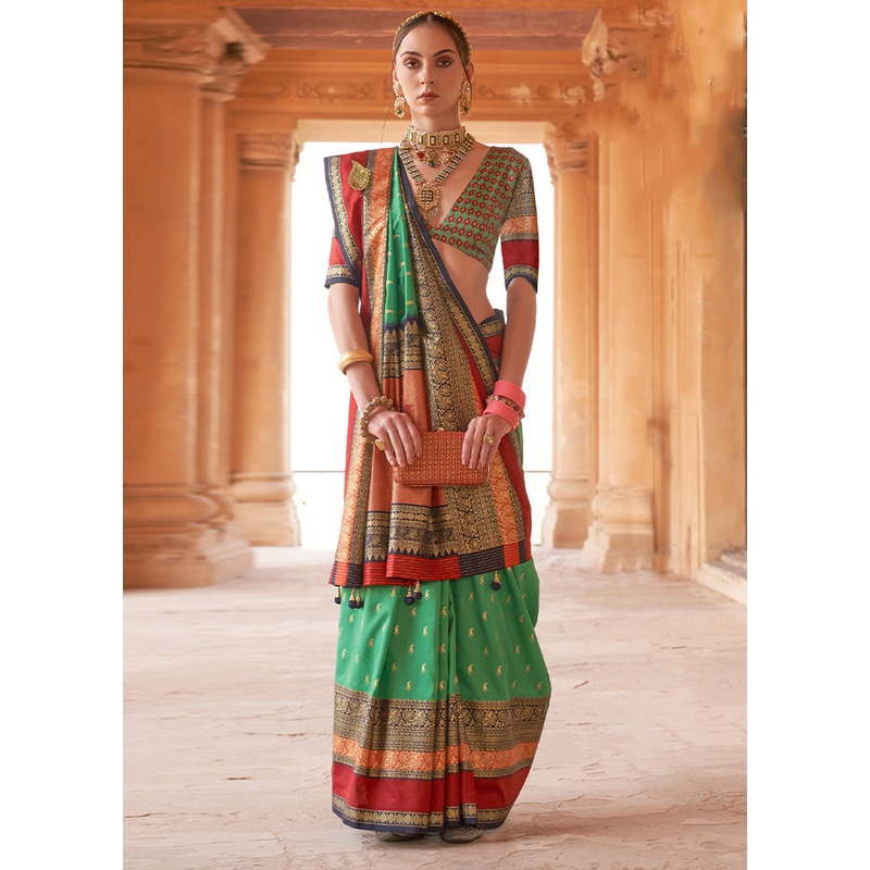 Olive GREEN Dupion Silk Saree With Blouse Piece - JD986586699