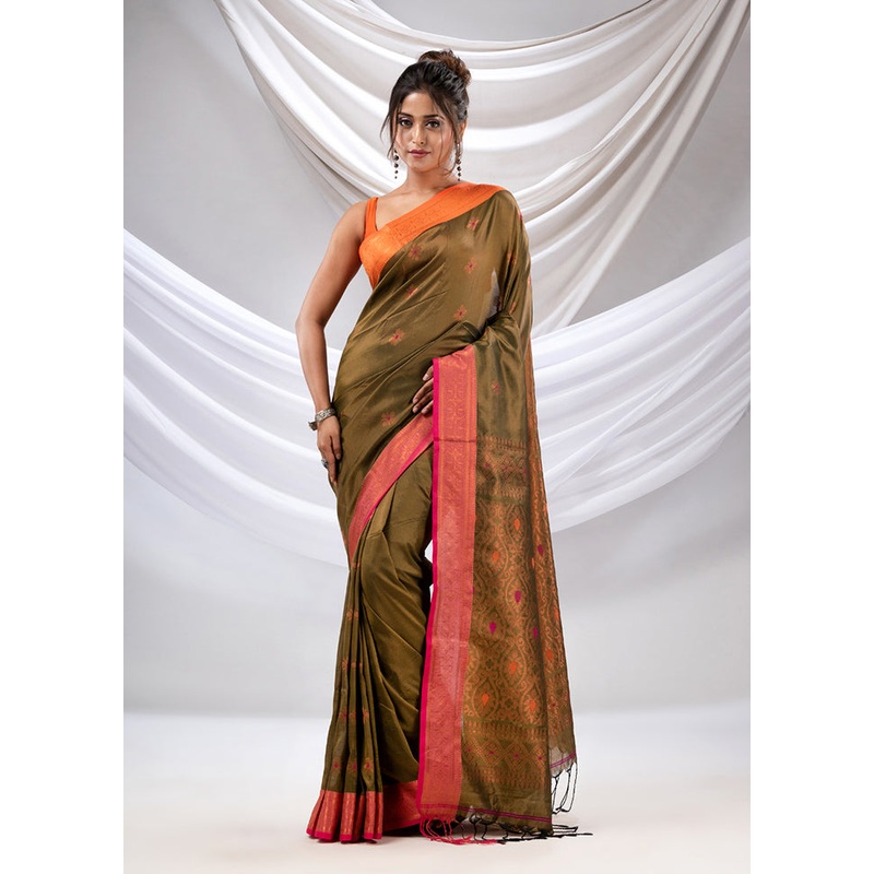 Olive Green Spun Silk Saree With Blouse Piece - JD986586696