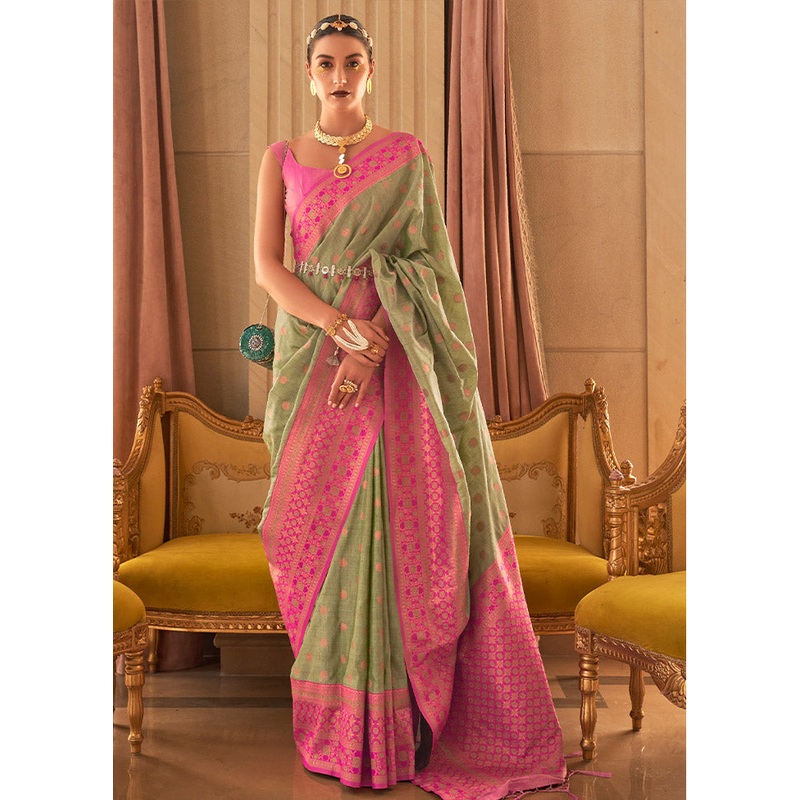 Olive Green Spun Silk Saree With Blouse Piece - JD986586697