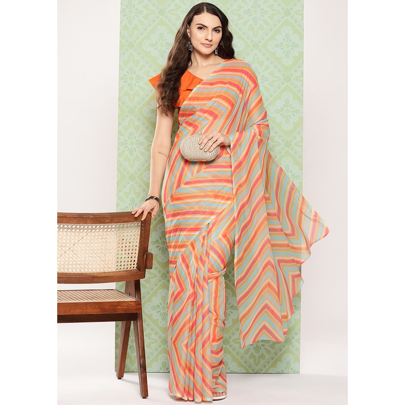 Orange Chiffon Silk Saree With Blouse Piece - JD986586693