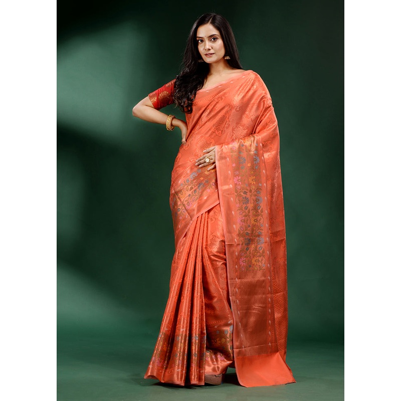 Orange Dupion Silk Saree With Blouse Piece - JD986586677