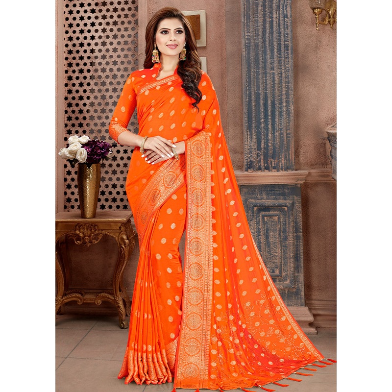 Orange Dupion Silk Saree With Blouse Piece - JD986586682