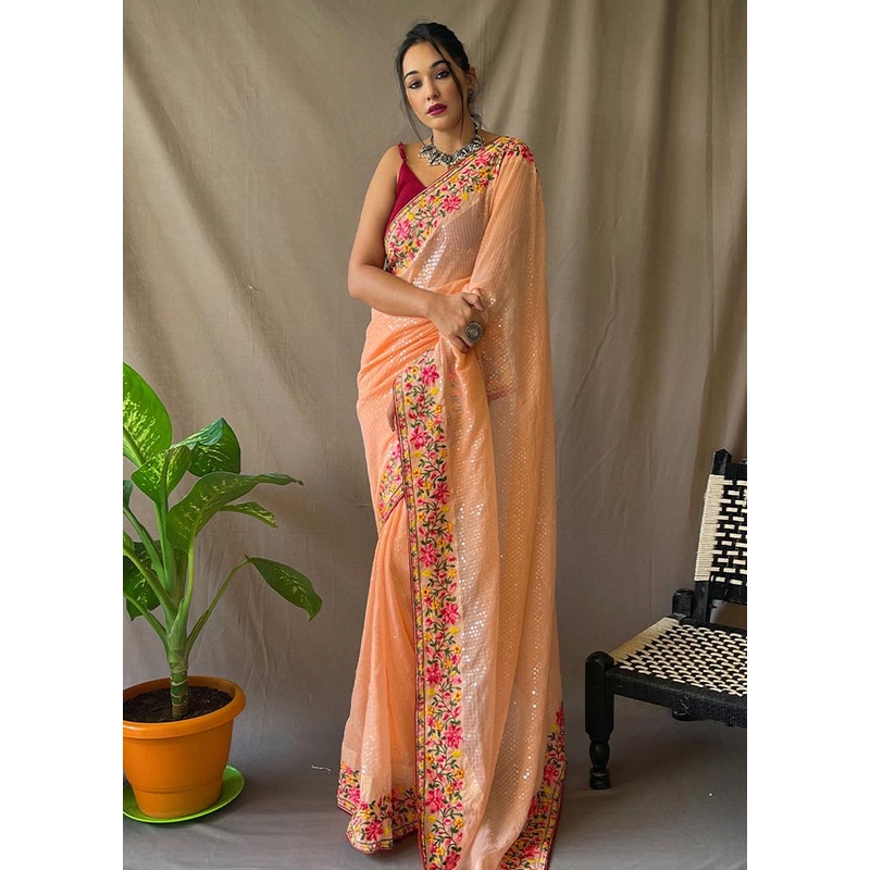 Orange Georgette Saree With Blouse Piece - JD986586668