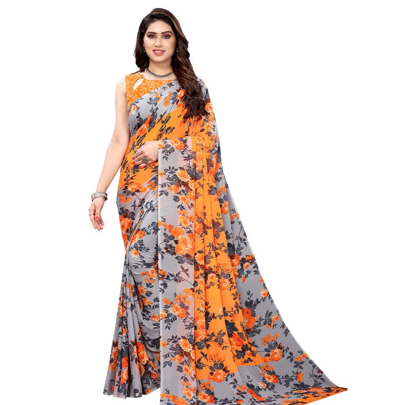 Orange Georgette Saree With Blouse Piece - JD986586670