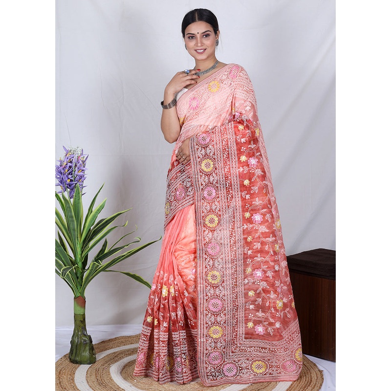Orange Organza Saree With Blouse Piece - JD986586666