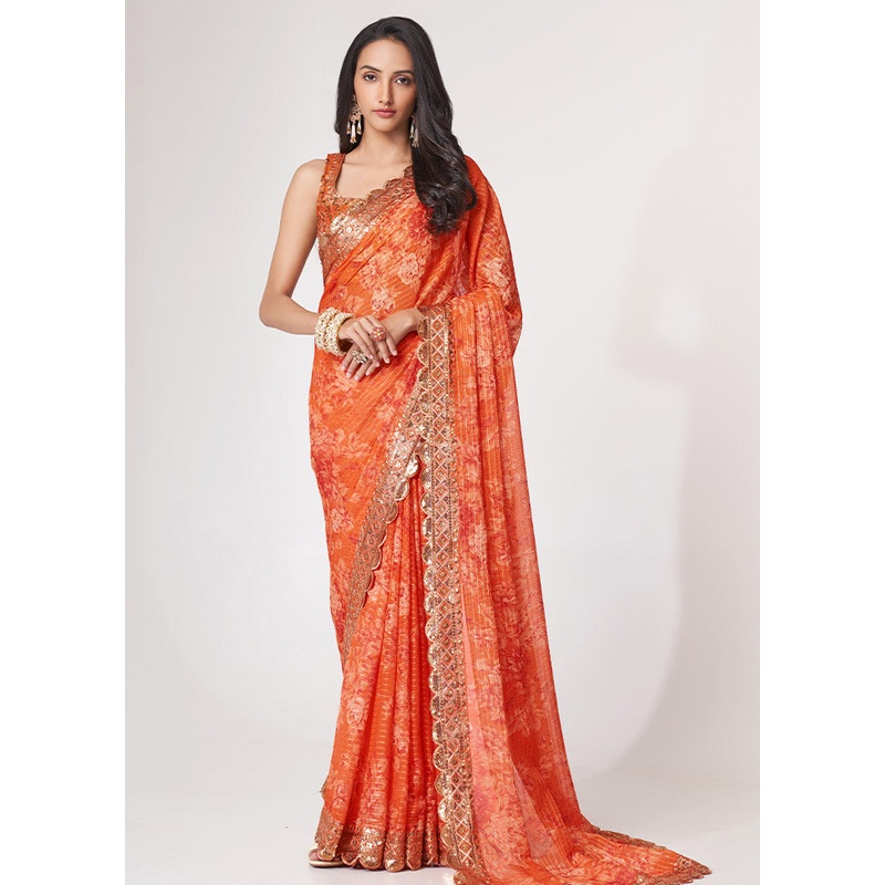 Orange Organza Saree With Blouse Piece - JD986586667