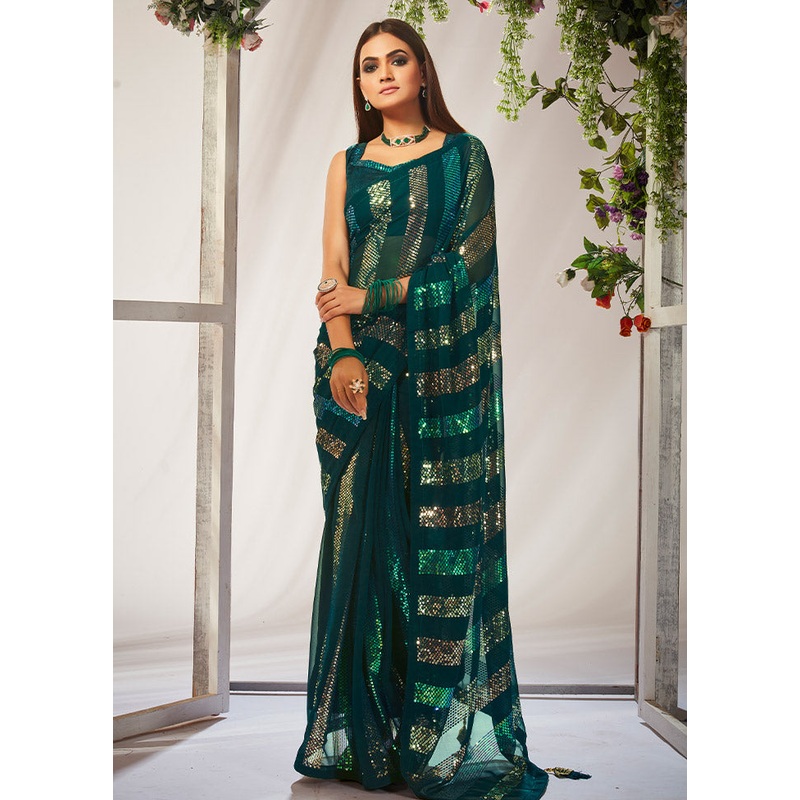 Green Organza Saree With Blouse Piece - JD986586482