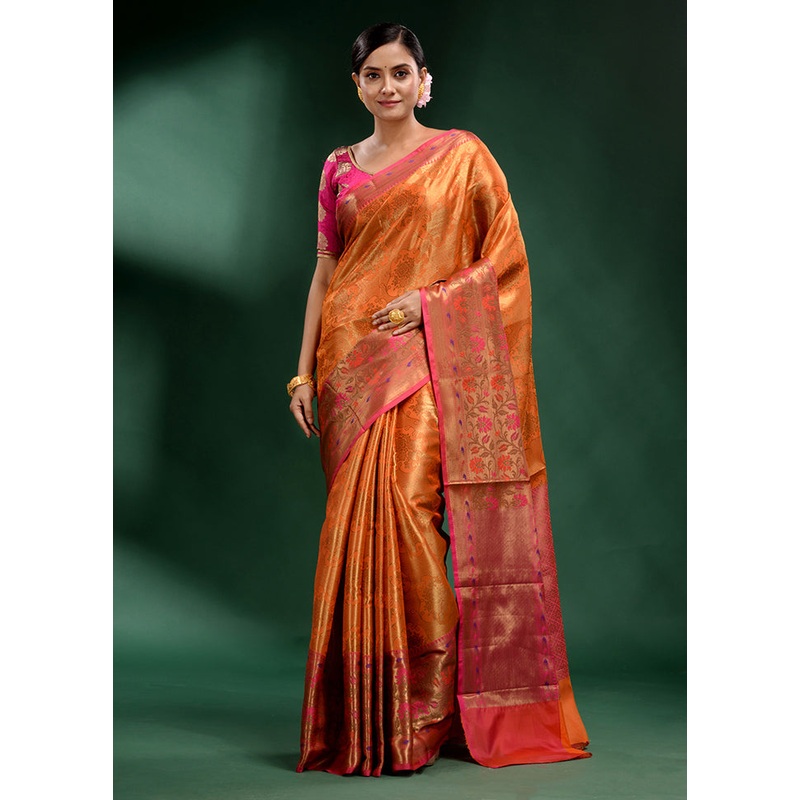 Orange Dupion Silk Saree With Blouse Piece - JD986586610