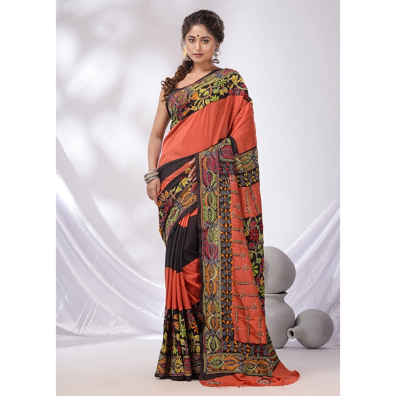 Orange Spun Pure Silk Saree With Blouse Piece - JD986586641