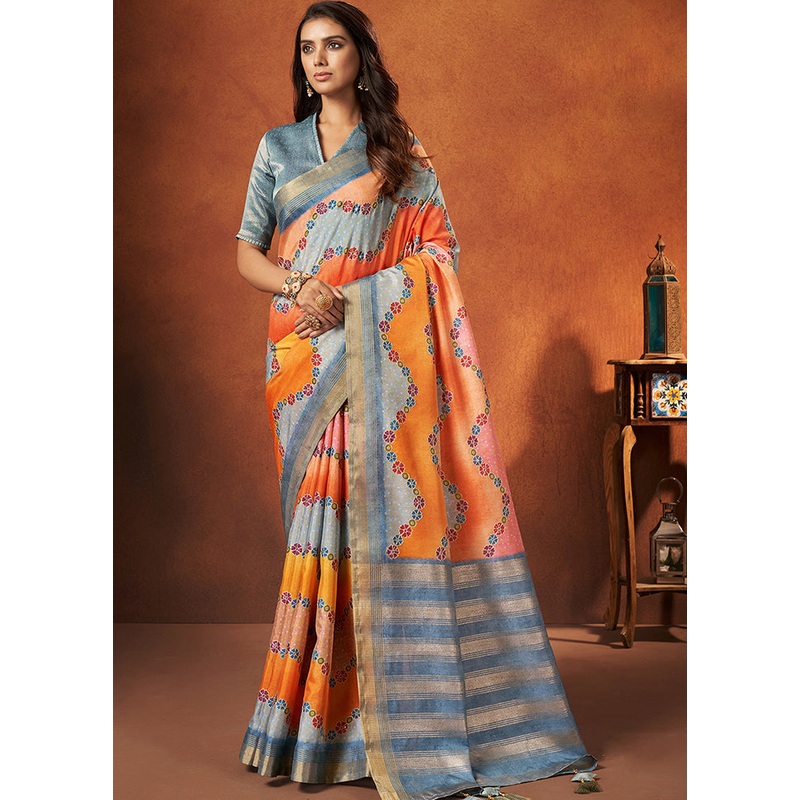 Orange Spun Silk Saree With Blouse Piece - JD986586637