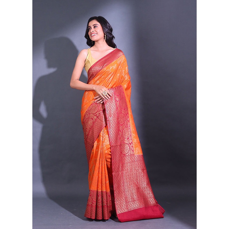 Orange Spun Silk Saree With Blouse Piece - JD986586639