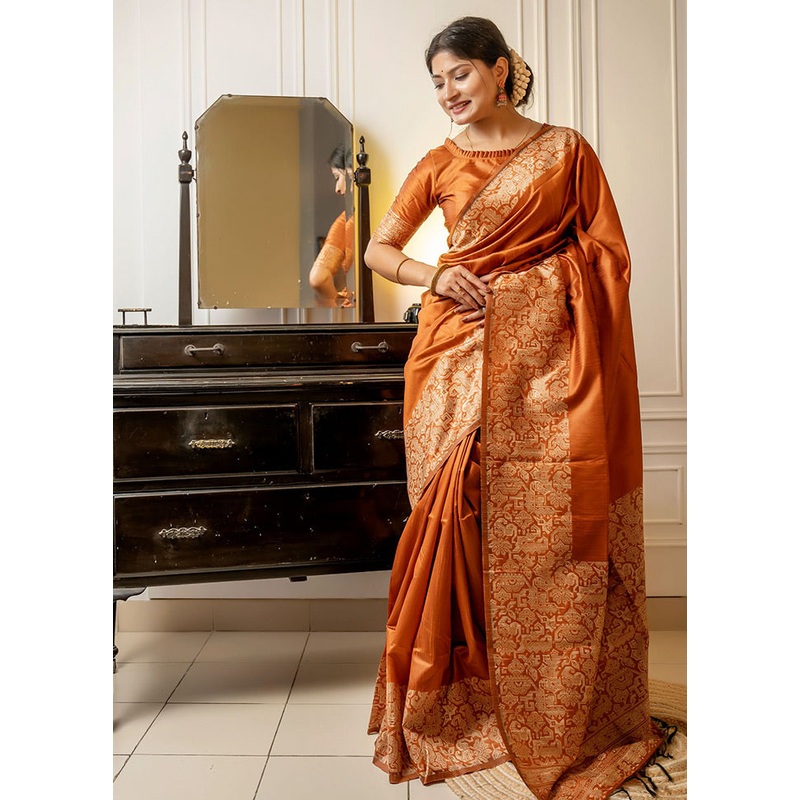 Orange Spun Silk Saree With Blouse Piece - JD986586640