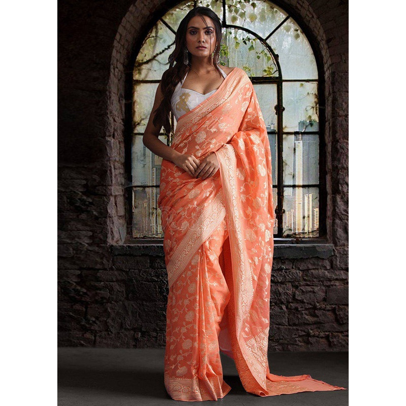 Peach Chiffon Pure Silk Saree With Blouse Piece - JD986586627