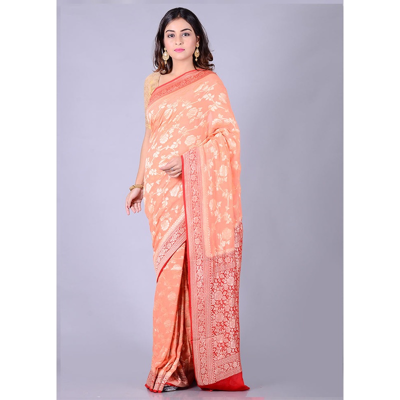 Peach Chiffon Pure Silk Saree With Blouse Piece - JD986586628