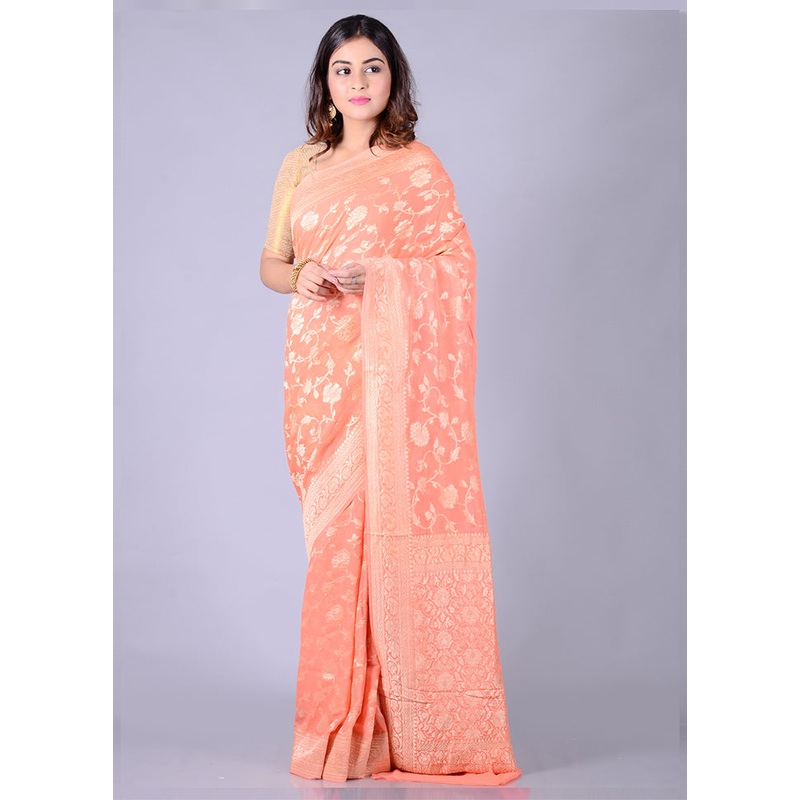 Peach Chiffon Pure Silk Saree With Blouse Piece - JD986586629