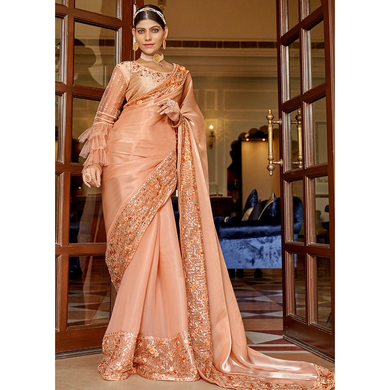 Peach Chiffon Silk Saree With Blouse Piece - JD986586625