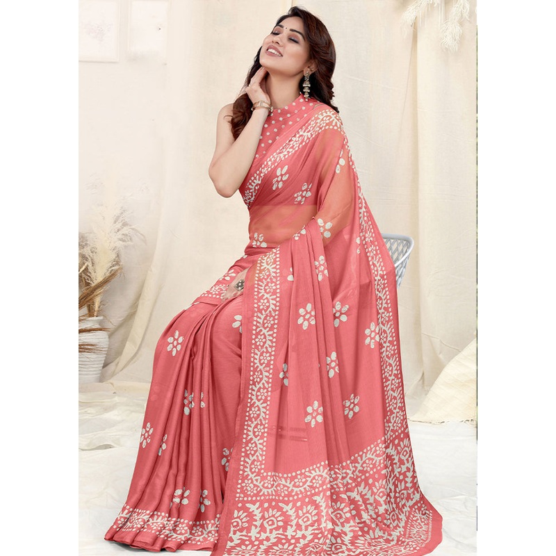 Peach Chiffon Silk Saree With Blouse Piece - JD986586626