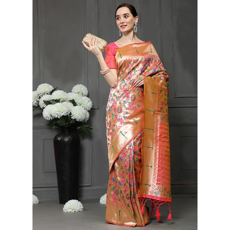 Peach Dupion Silk Saree With Blouse Piece - JD986586608