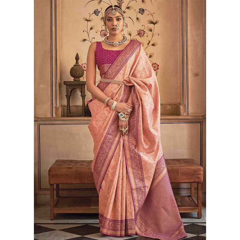 Peach Dupion Silk Saree With Blouse Piece - JD986586613