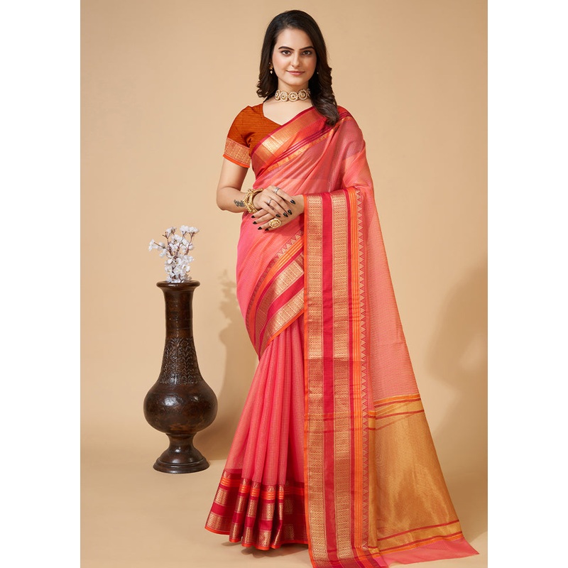 Peach Dupion Silk Saree With Blouse Piece - JD986586619