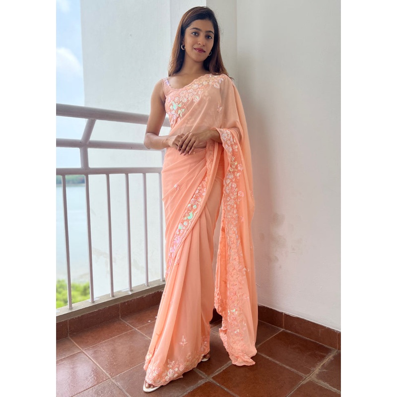 Peach Georgette Saree With Blouse Piece - JD986586602