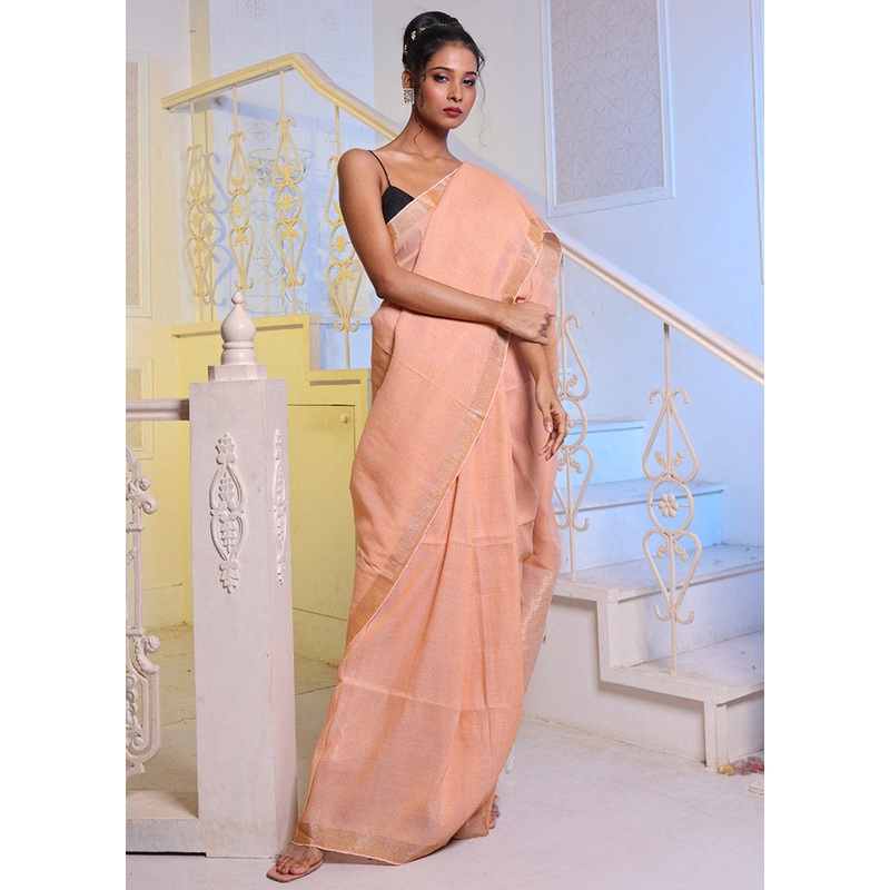 Peach Pure Linen Saree With Blouse Piece - JD986586586