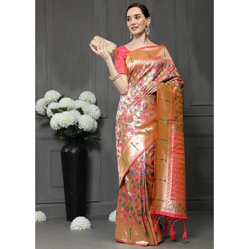 Peach Spun Silk Saree With Blouse Piece - JD986586579