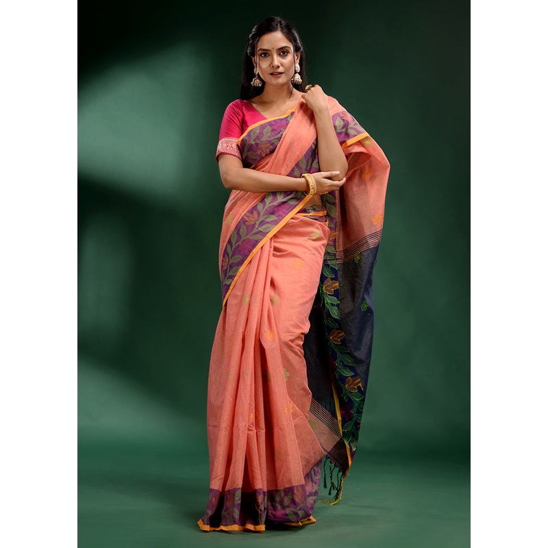Peach Spun Silk Saree With Blouse Piece - JD986586580