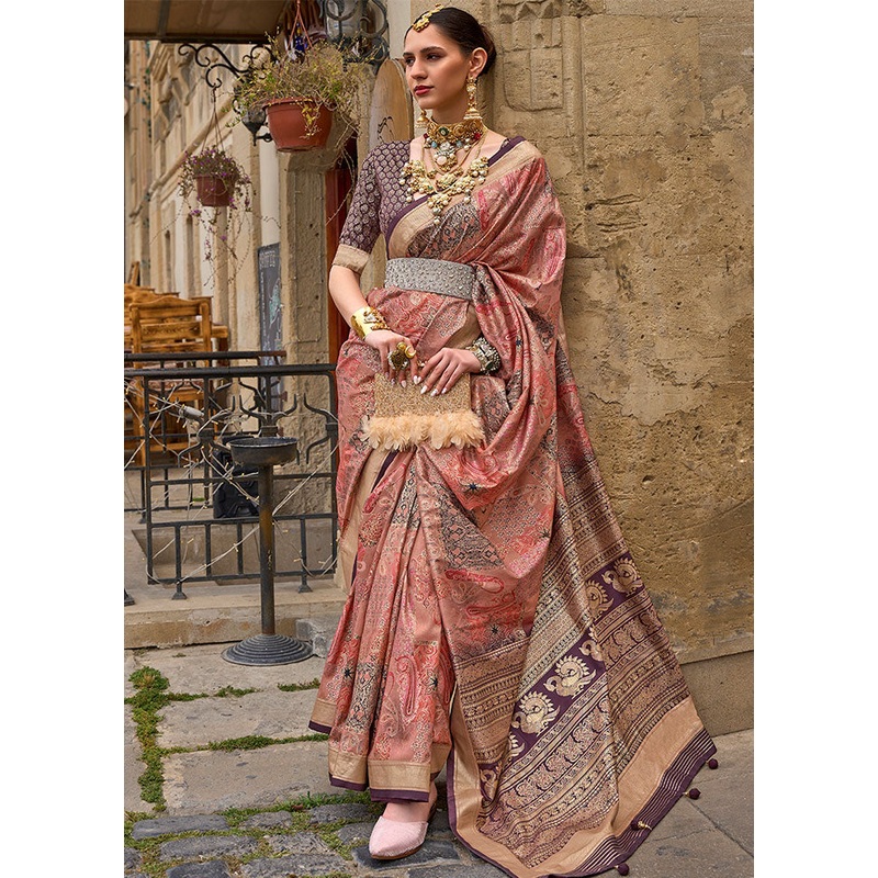 Peach Spun Silk Saree With Blouse Piece - JD986586582