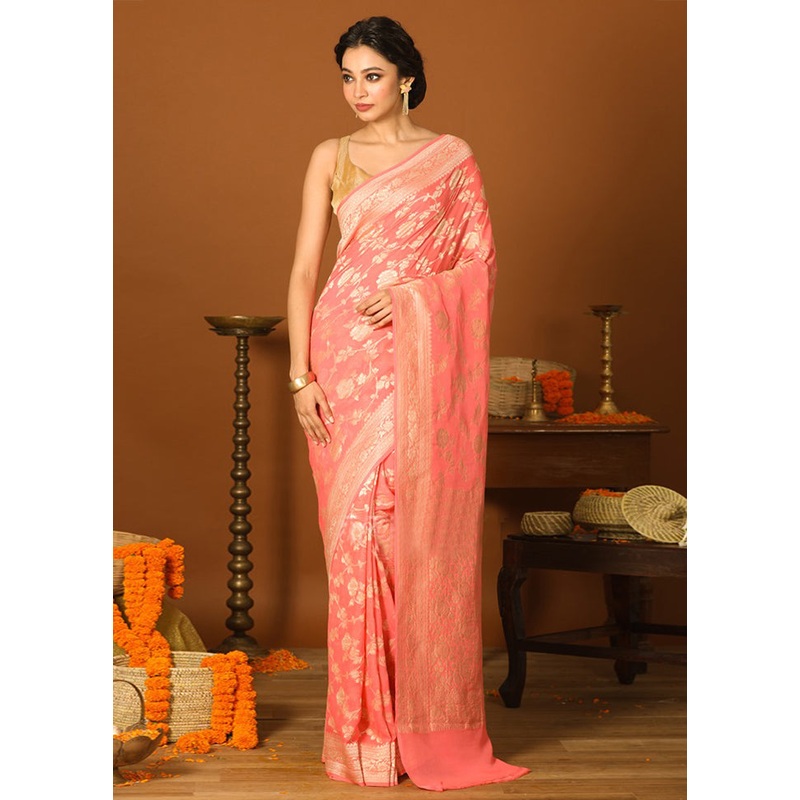 Pink Chiffon Pure Silk Saree With Blouse Piece - JD986586569