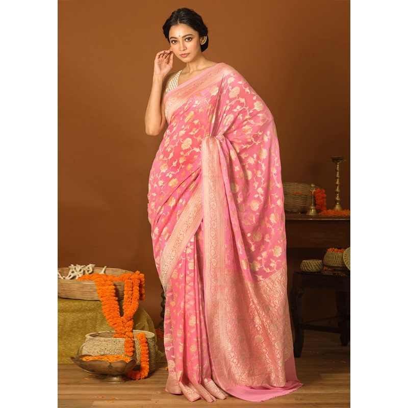 Pink Chiffon Pure Silk Saree With Blouse Piece - JD986586570