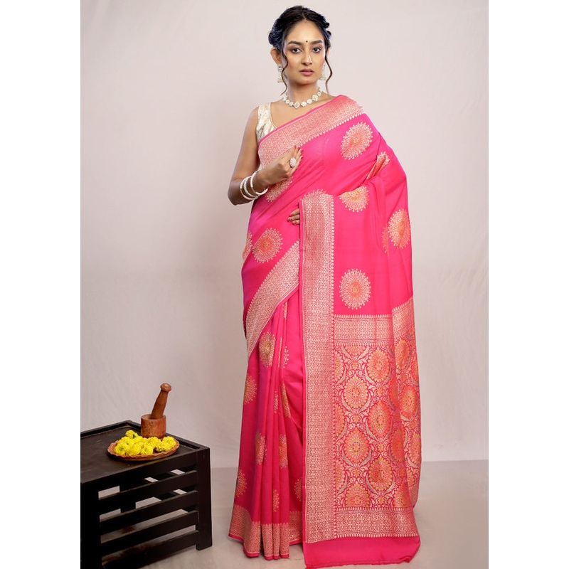 Pink Chiffon Pure Silk Saree With Blouse Piece - JD986586571