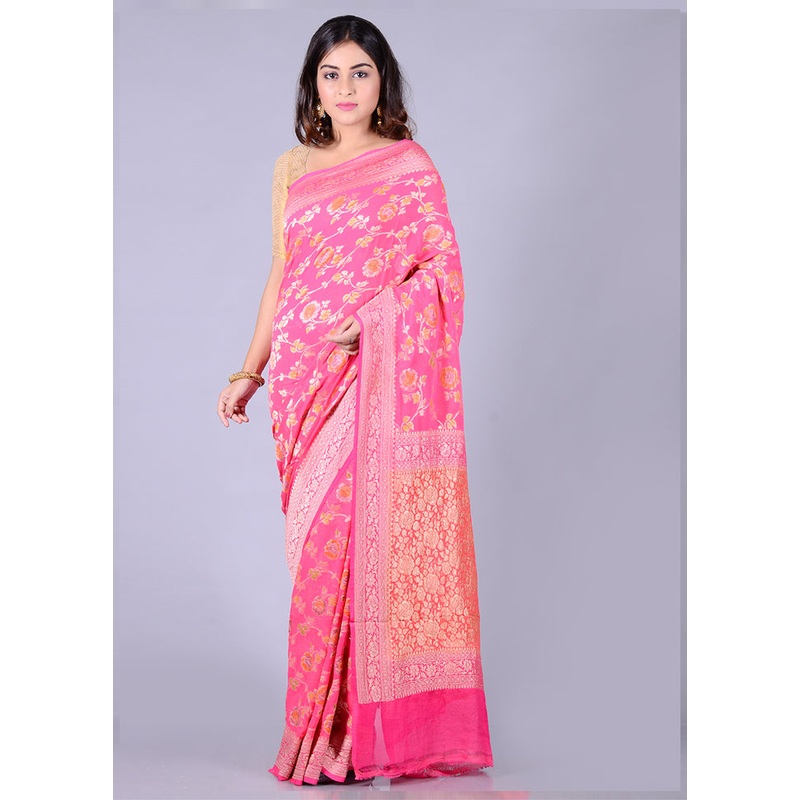 Pink Chiffon Pure Silk Saree With Blouse Piece - JD986586572