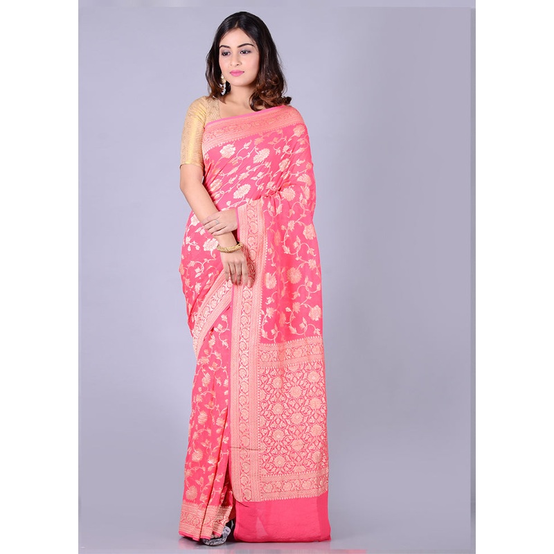 Pink Chiffon Pure Silk Saree With Blouse Piece - JD986586573
