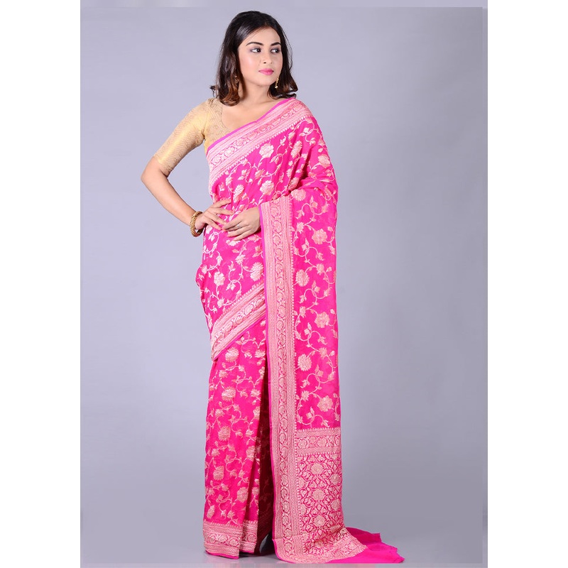 Pink Chiffon Pure Silk Saree With Blouse Piece - JD986586574
