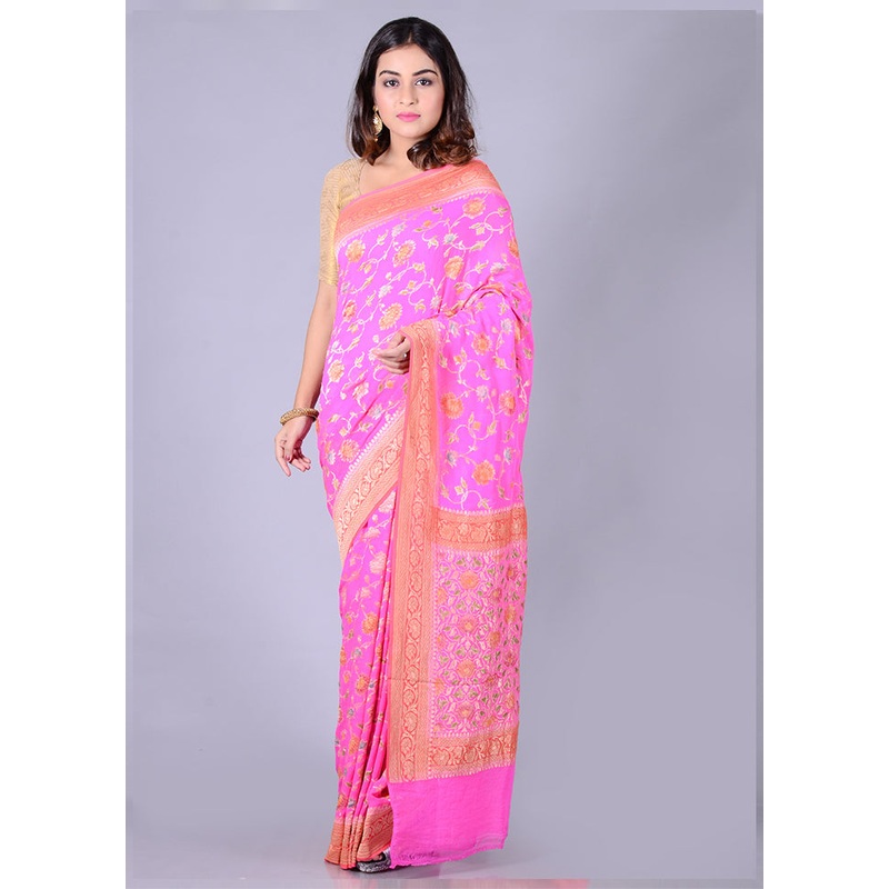 Pink Chiffon Pure Silk Saree With Blouse Piece - JD986586575