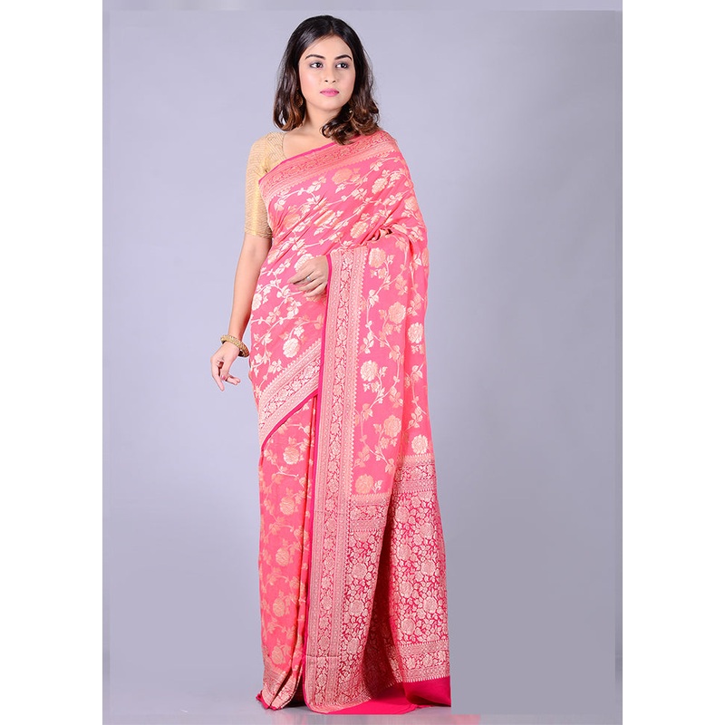 Pink Chiffon Pure Silk Saree With Blouse Piece - JD986586576