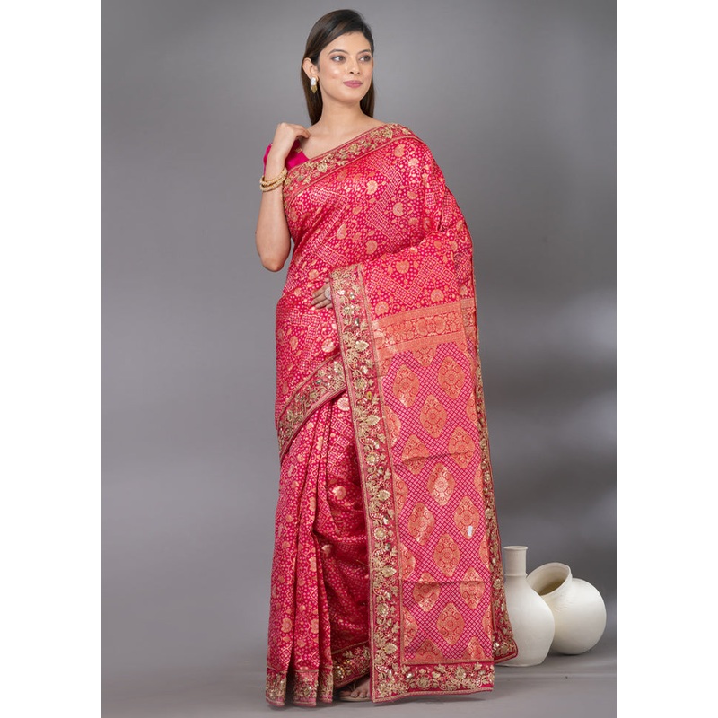 Pink Dupion Silk Saree With Blouse Piece - JD986586534