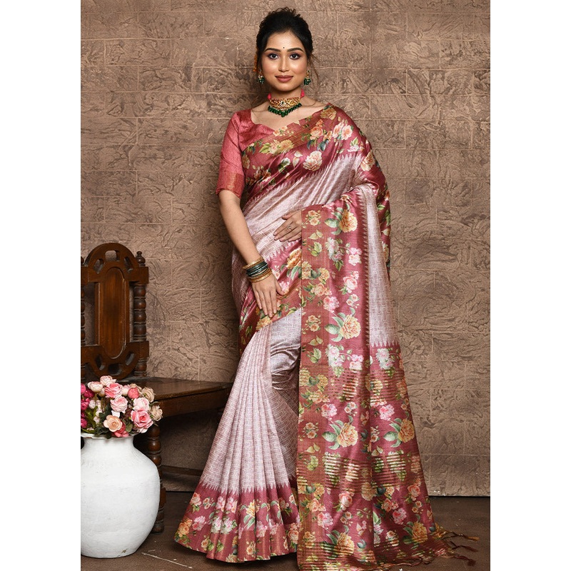 Pink Dupion Silk Saree With Blouse Piece - JD986586541