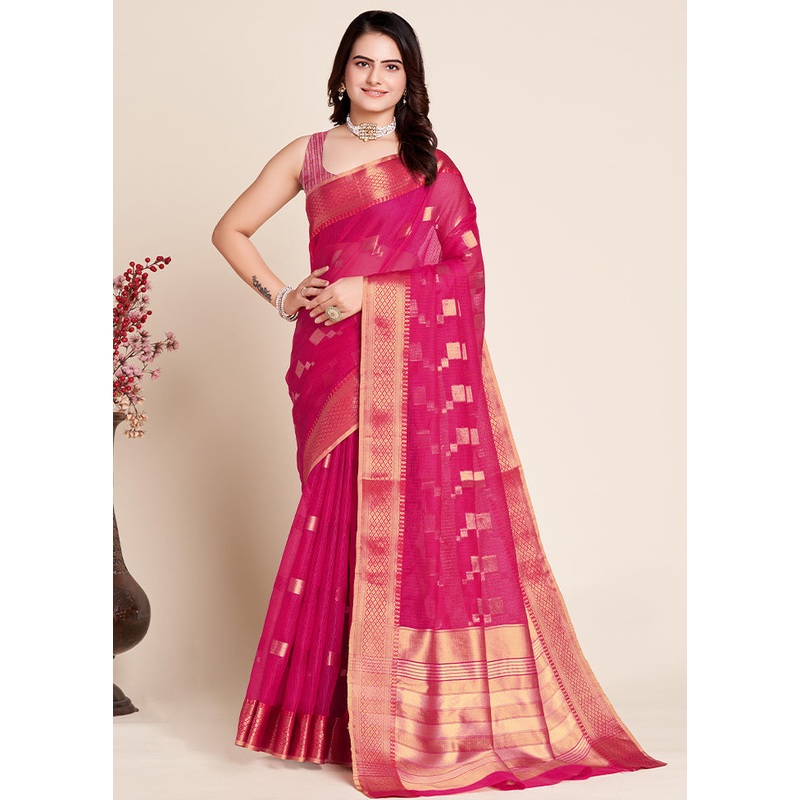 Pink Dupion Silk Saree With Blouse Piece - JD986586548