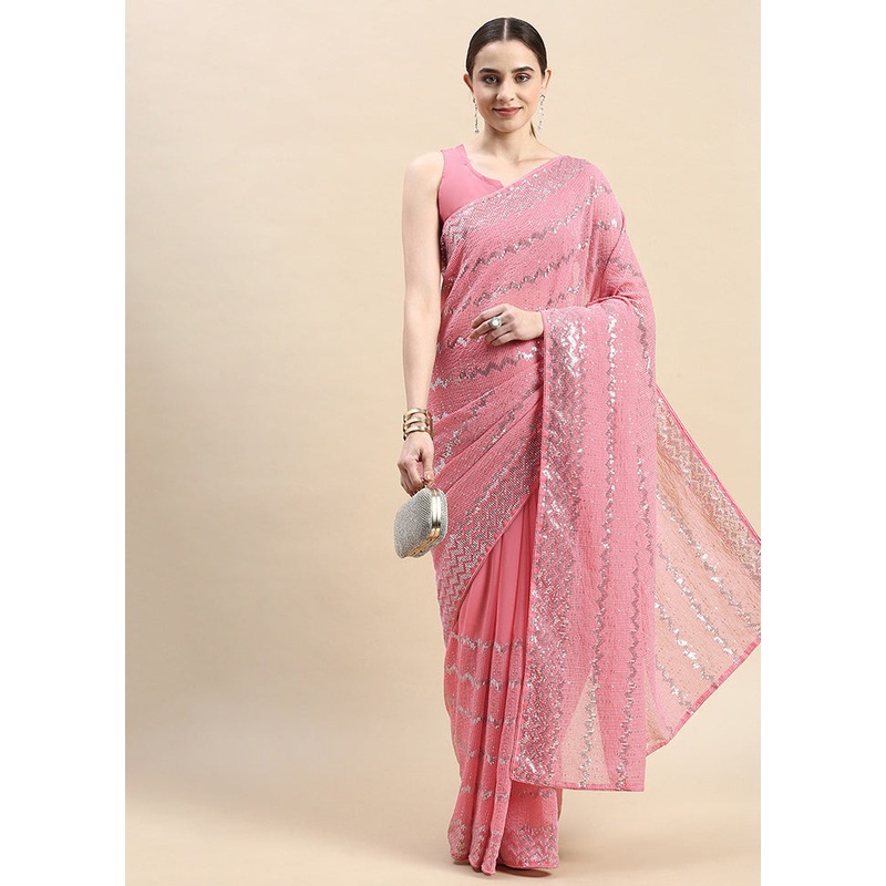 Pink Georgette Saree With Blouse Piece - JD986586496