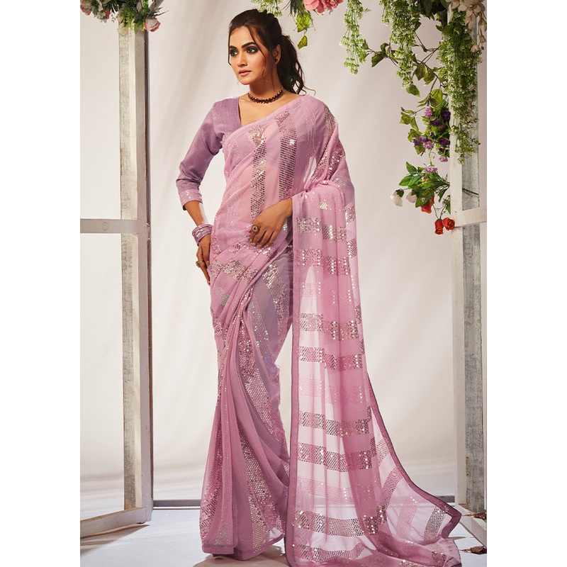Pink Georgette Saree With Blouse Piece - JD986586498