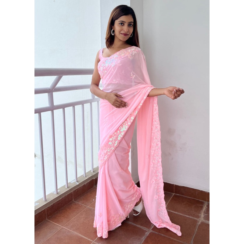 Pink Georgette Saree With Blouse Piece - JD986586508