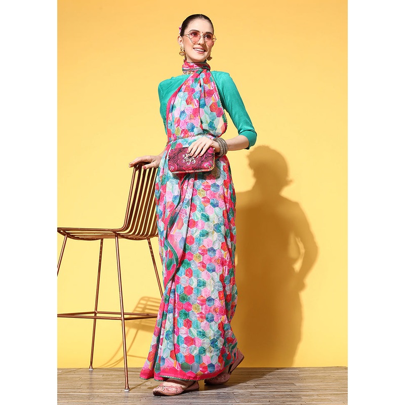 Pink Georgette Saree With Blouse Piece - JD986586513