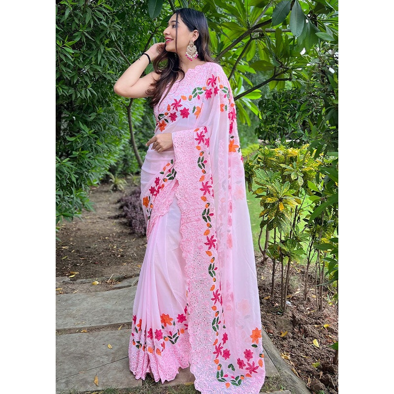 Pink Georgette Saree With Blouse Piece - JD986586519