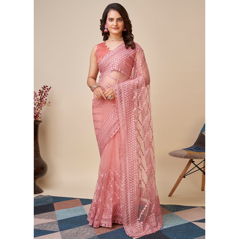 Pink Net Saree With Blouse Piece - JD986586494