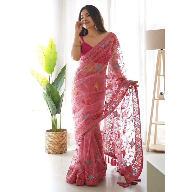 Pink Organza Saree With Blouse Piece - JD986586483