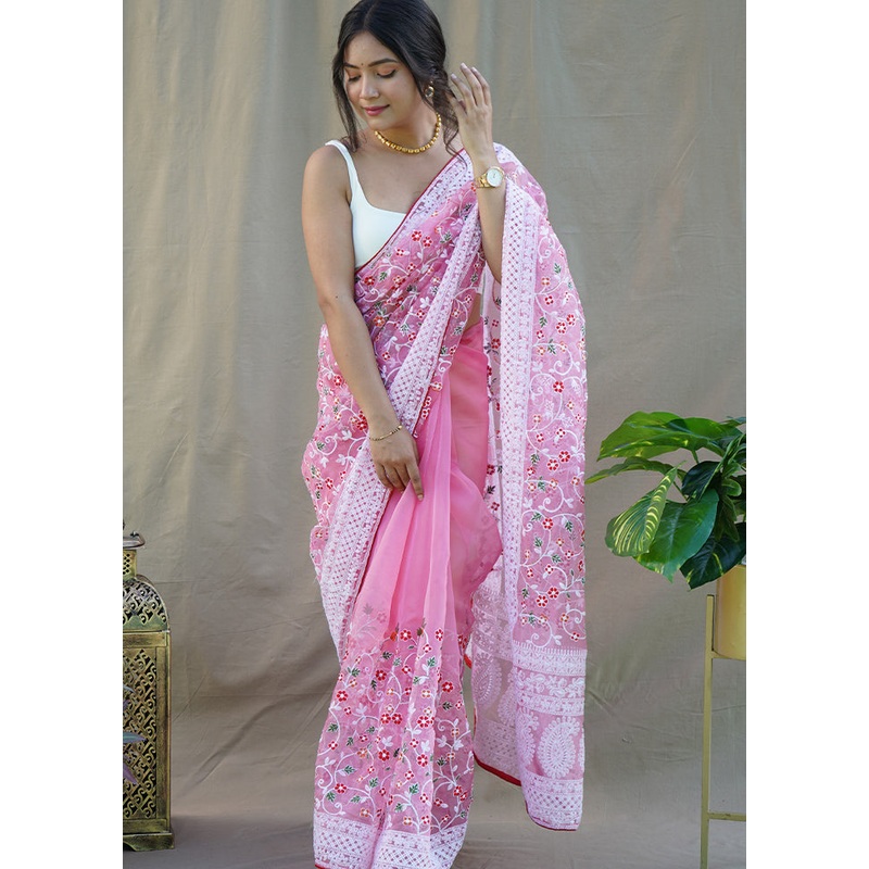 Pink Organza Saree With Blouse Piece - JD986586490