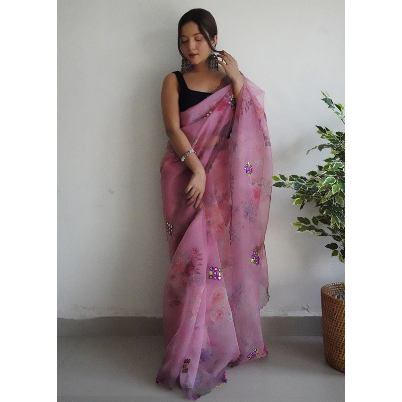 Pink Organza Saree With Blouse Piece - JD986586492